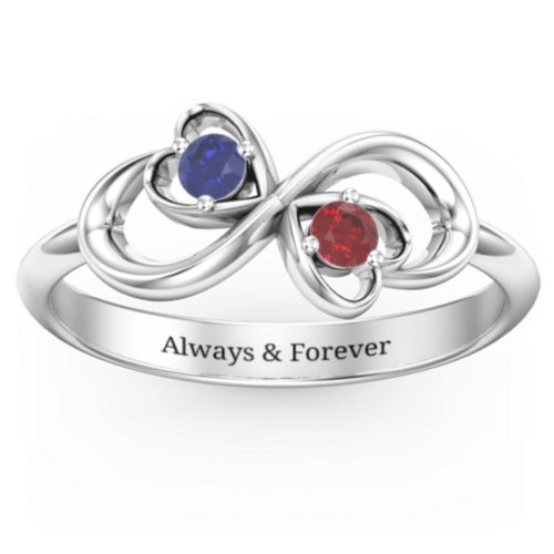 Pair of Hearts Infinity Ring with Gemstones – Sterling Silver with Blue Sapphire and Garnet