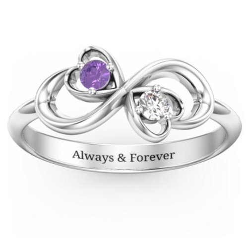 Pair of Hearts Infinity Ring with Gemstones – Sterling Silver with Amethyst and Cubic Zirconia