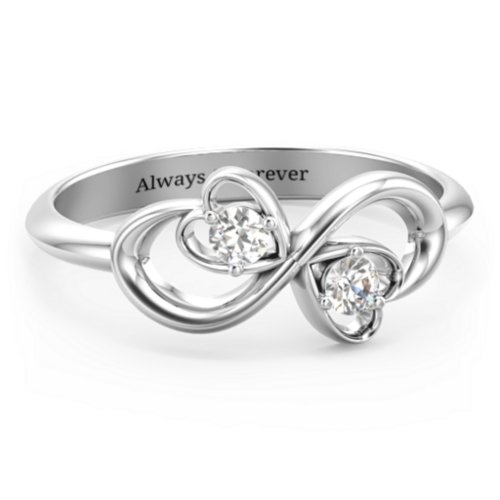 Pair of Hearts Infinity Ring with Gemstones – Sterling Silver with Cubic Zirconia