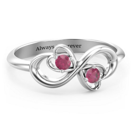 Pair of Hearts Infinity Ring with Gemstones – Sterling Silver with Ruby