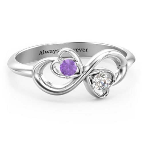 Pair of Hearts Infinity Ring with Gemstones – Sterling Silver with Amethyst and Cubic Zirconia