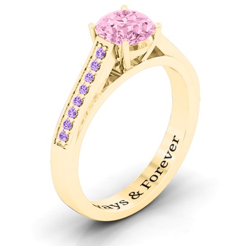Large Round Solitaire Ring with Shoulder Accents – 10K Yellow Gold with Fancy Pink Premium Zirconia and Amethyst Premium Zirconia