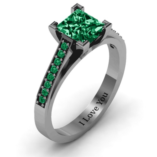Princess Cut Ring with Shoulder Accents – Sterling Silver with Green Premium Zirconia