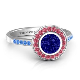 Bezel Halo Accent Ring in 925 Sterling Silver with Blue Sapphire, Red Premium Zirconia, and Fancy Blue Premium Zirconia