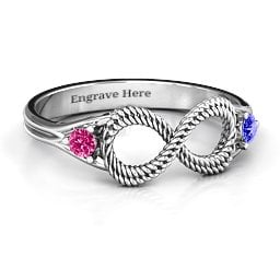 Braided Infinity Ring with Two Stones in 925 Sterling Silver with Ruby and Blue Sapphire