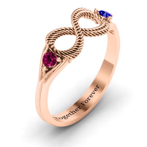Braided Infinity Ring with Two Stones – 10K Rose Gold with Ruby and Blue Sapphire