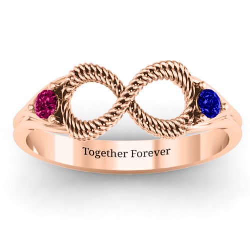 Braided Infinity Ring with Two Stones – 10K Rose Gold with Ruby and Blue Sapphire