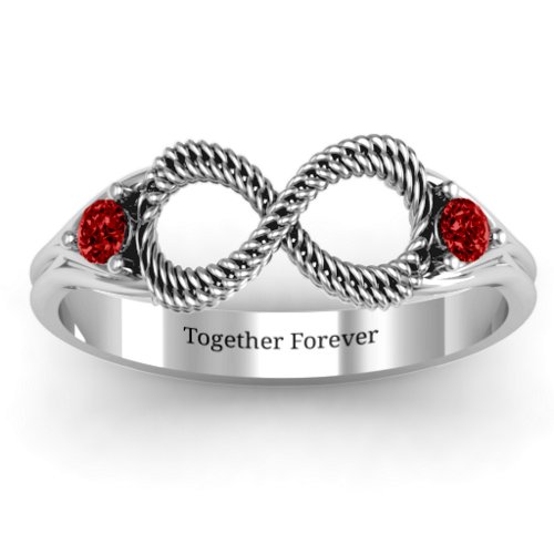 Braided Infinity Ring with Two Stones – Sterling Silver with Garnet