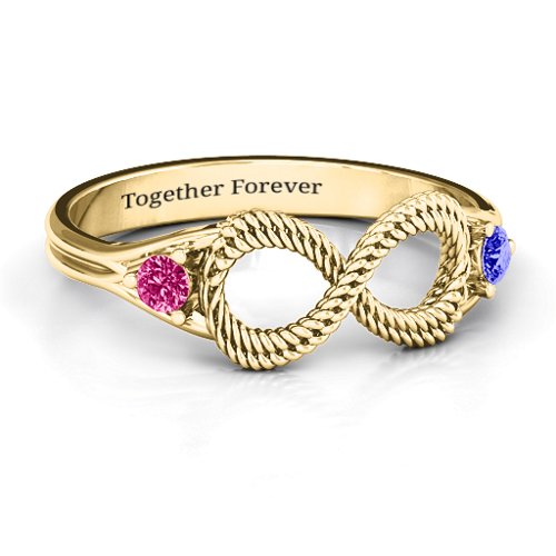 Braided Infinity Ring with Two Stones – 10K Yellow Gold with Ruby and Blue Sapphire