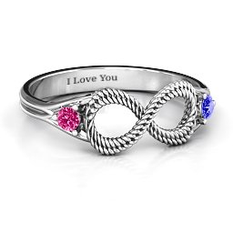 Braided Infinity Ring with Two Stones in 925 Sterling Silver with Ruby and Blue Sapphire