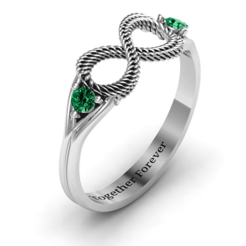 Braided Infinity Ring with Two Stones – Sterling Silver with Emerald