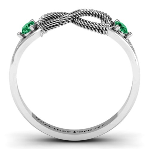 Braided Infinity Ring with Two Stones – Sterling Silver with Emerald