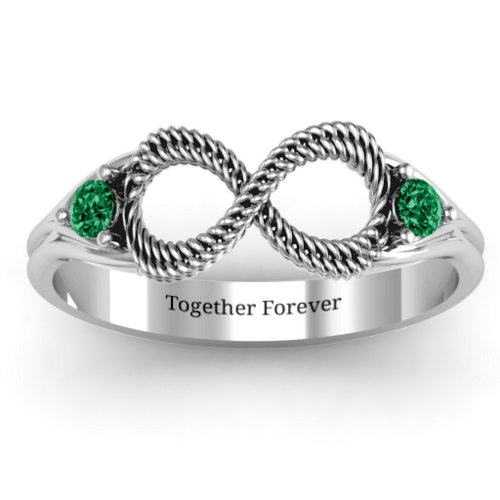 Braided Infinity Ring with Two Stones – Sterling Silver with Emerald