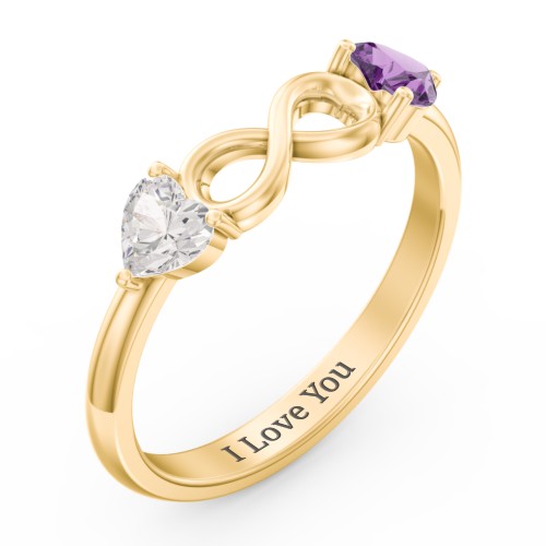 Two Hearts to Infinity Ring – 10K Yellow Gold with Cubic Zirconia and Amethyst