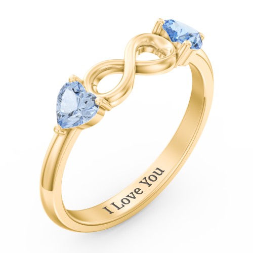 Two Hearts to Infinity Ring – 10K Yellow Gold with Aquamarine and Blue Topaz