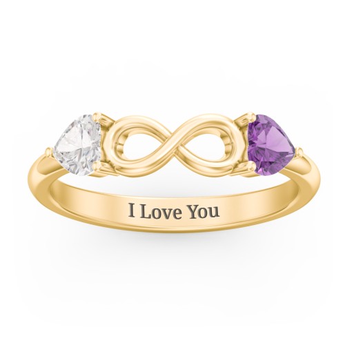 Two Hearts to Infinity Ring – 10K Yellow Gold with Cubic Zirconia and Amethyst