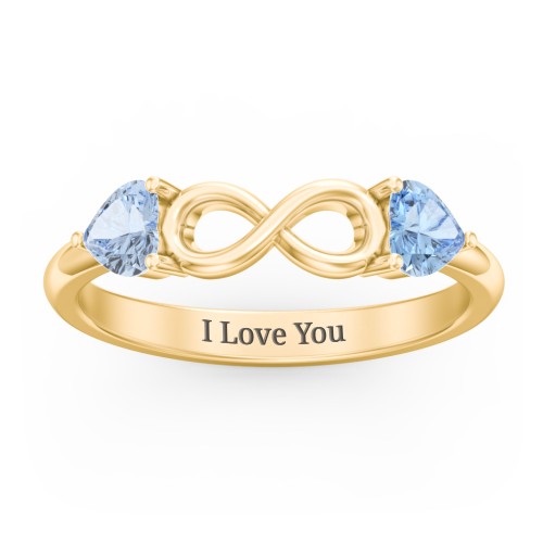 Two Hearts to Infinity Ring – 10K Yellow Gold with Aquamarine and Blue Topaz