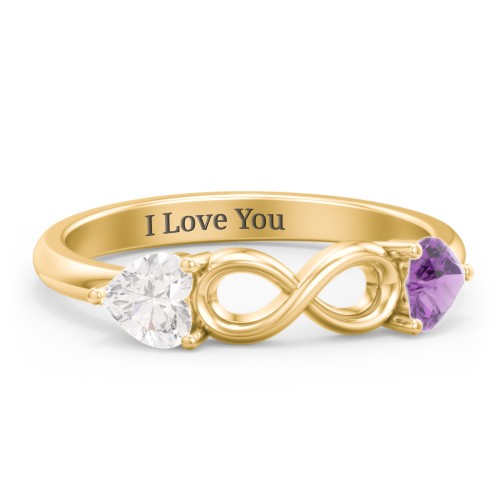 Two Hearts to Infinity Ring – 10K Yellow Gold with Cubic Zirconia and Amethyst