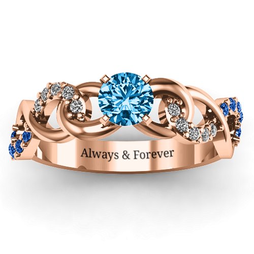 Triple Infinity with Accents Ring – 10K Rose Gold with Blue Topaz, Fancy Blue Premium Zirconia, and White Premium Zirconia
