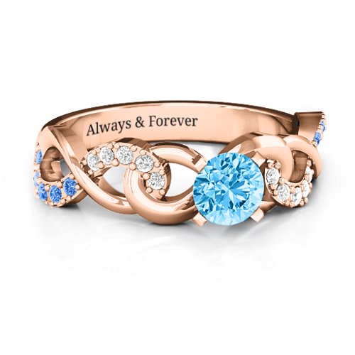 Triple Infinity with Accents Ring – 10K Rose Gold with Blue Topaz, Fancy Blue Premium Zirconia, and White Premium Zirconia