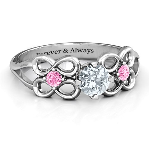 Quad Infinity Ring with Center stone and Dual Accent Ring – Sterling Silver with Cubic Zirconia and Pink Tourmaline