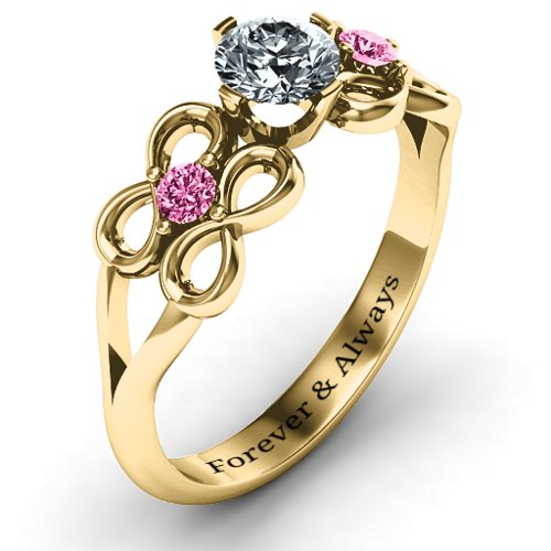 Quad Infinity Ring with Center stone and Dual Accent Ring – 10K Yellow Gold with Cubic Zirconia and Pink Tourmaline