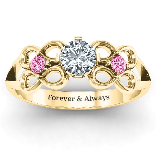 Quad Infinity Ring with Center stone and Dual Accent Ring – 10K Yellow Gold with Cubic Zirconia and Pink Tourmaline