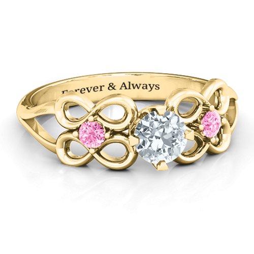 Quad Infinity Ring with Center stone and Dual Accent Ring – 10K Yellow Gold with Cubic Zirconia and Pink Tourmaline