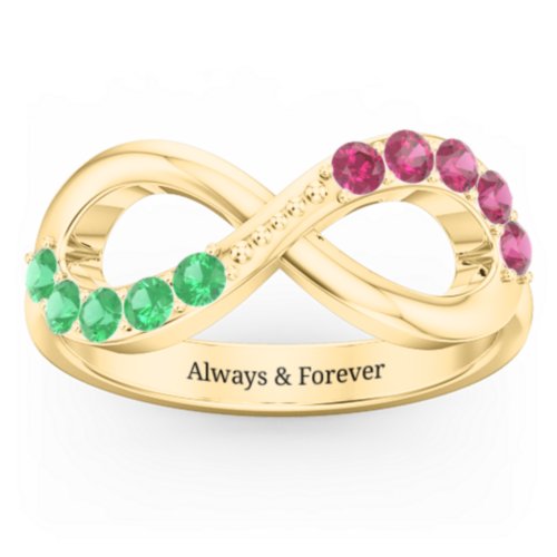 Birthstone Infinity Accent Ring – 10K Yellow Gold with Emerald and Ruby