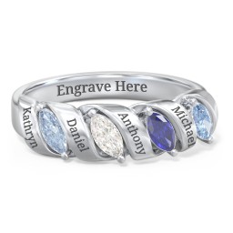 Spiral Marquise Row Ring in 925 Sterling Silver with Aquamarine, Cubic Zirconia, Blue Sapphire, and Blue Topaz