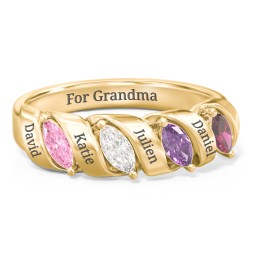 Spiral Marquise Row Ring in 10K Solid Yellow Gold with Pink Tourmaline, Cubic Zirconia, Amethyst, and Ruby