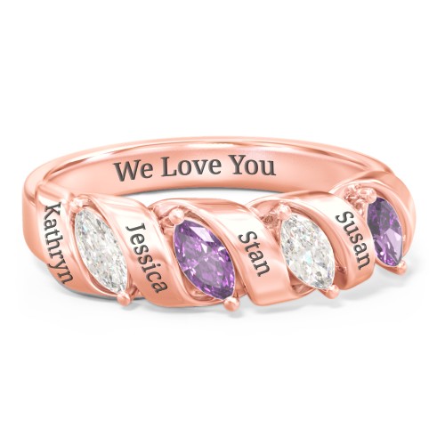 Spiral Marquise Row Ring – 10K Rose Gold with Cubic Zirconia and Amethyst