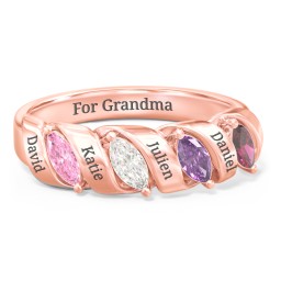 Spiral Marquise Row Ring in 10K Solid Rose Gold with Pink Tourmaline, Cubic Zirconia, Amethyst, and Ruby