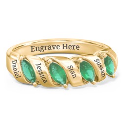 Spiral Marquise Row Ring in 10K Solid Yellow Gold with Emerald