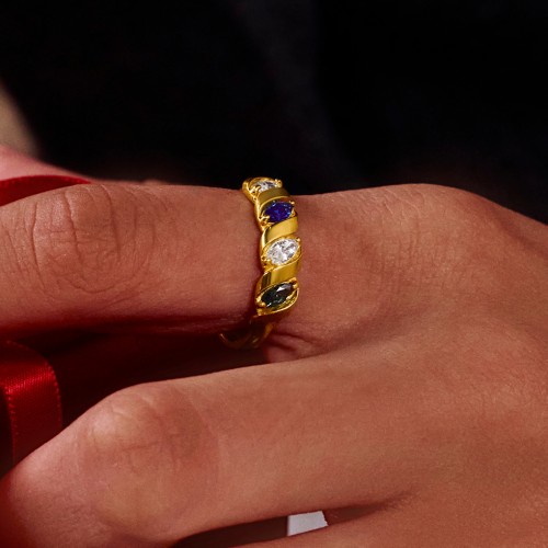 Spiral Marquise Row Ring – 10K Yellow Gold with Cubic Zirconia and Amethyst