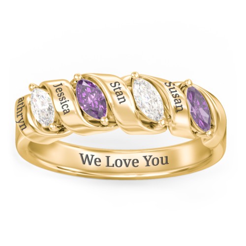 Spiral Marquise Row Ring – 10K Yellow Gold with Cubic Zirconia and Amethyst