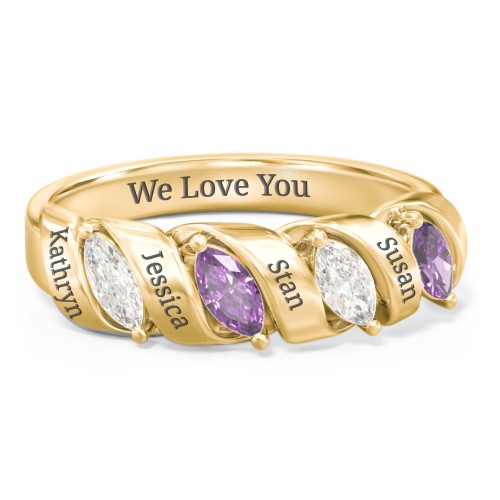 Spiral Marquise Row Ring – 10K Yellow Gold with Cubic Zirconia and Amethyst