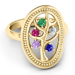 Organic Tree of Life Ring in 10K Solid Yellow Gold with Emerald, Ruby, Cubic Zirconia, Amethyst, and Blue Sapphire