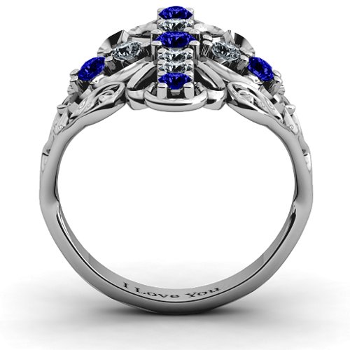 Sparkling Spirituality Cross Ring – Sterling Silver with Blue Sapphire and Cubic Zirconia