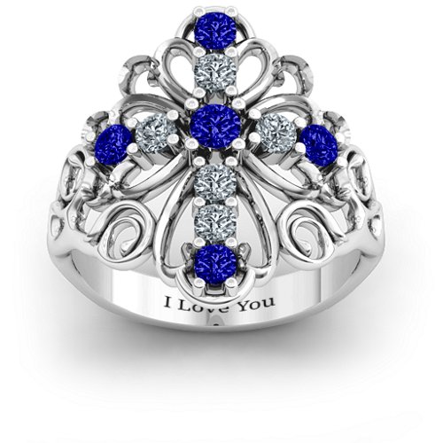 Sparkling Spirituality Cross Ring – Sterling Silver with Blue Sapphire and Cubic Zirconia
