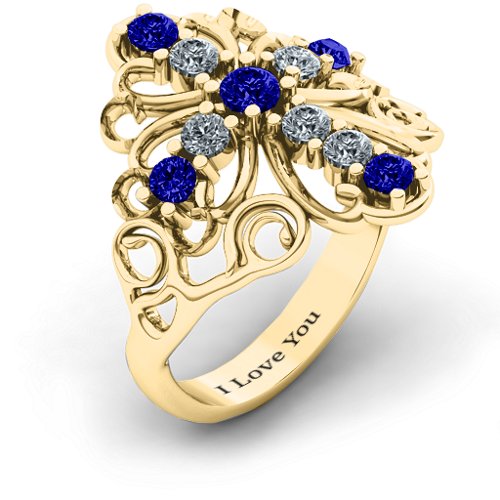 Sparkling Spirituality Cross Ring – 10K Yellow Gold with Blue Sapphire and Cubic Zirconia