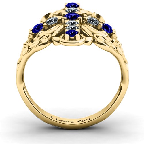 Sparkling Spirituality Cross Ring – 10K Yellow Gold with Blue Sapphire and Cubic Zirconia