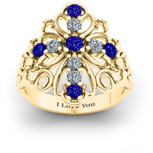 Sparkling Spirituality Cross Ring – 10K Yellow Gold with Blue Sapphire and Cubic Zirconia