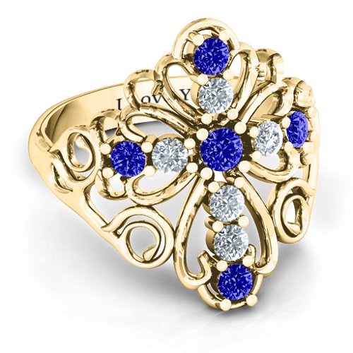 Sparkling Spirituality Cross Ring – 10K Yellow Gold with Blue Sapphire and Cubic Zirconia