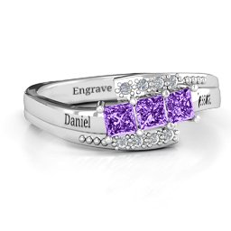 Triple Princess Stone Ring with Accents in 925 Sterling Silver with Amethyst