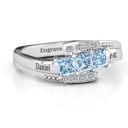 Triple Princess Stone Ring with Accents in 925 Sterling Silver with Aquamarine