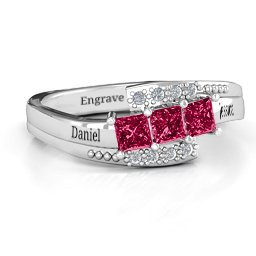 Triple Princess Stone Ring with Accents in 925 Sterling Silver with Ruby
