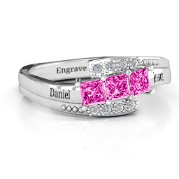 Triple Princess Stone Ring with Accents in 925 Sterling Silver with Pink Tourmaline