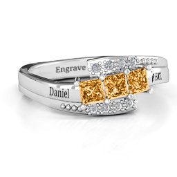Triple Princess Stone Ring with Accents in 925 Sterling Silver with Citrine