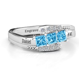 Triple Princess Stone Ring with Accents in 925 Sterling Silver with Blue Topaz